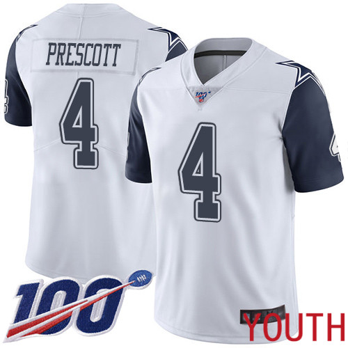 Youth Dallas Cowboys Limited White Dak Prescott #4 100th Season Rush Vapor Untouchable NFL Jersey->youth nfl jersey->Youth Jersey